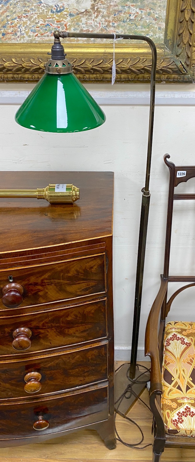 An Edwardian style lacquered brass telescopic lamp standard with green glass shade